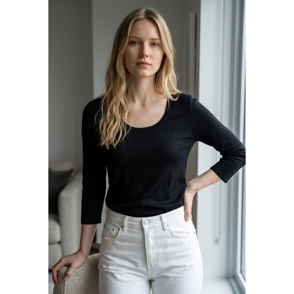 URCHIN Parisian Chic‎ Black Silk Ribbed Scoop Neck Knit Top French S Coquette